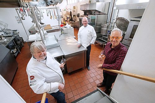 JOHN WOODS / WINNIPEG FREE PRESS
Doug Stephen, President, WOW! Hospitality Concepts Inc and 529, from left, Tom De Nardi of Piazza De Nardi, and Louis Trepel, who are all board members of the St. Boniface Hospital Foundation are planning a virtual foundation fundraising gala event on May 28 are photographed in the kitchen at 529 Thursday, April 30, 2020. 

Reporter: Speirs