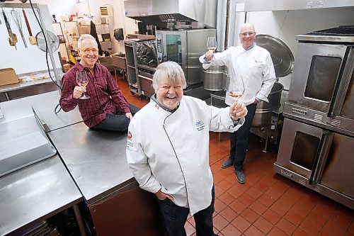 JOHN WOODS / WINNIPEG FREE PRESS
Louis Trepel, from left, Doug Stephen, President, WOW! Hospitality Concepts Inc and 529, and Tom De Nardi of Piazza De Nardi, who are all board members of the St. Boniface Hospital Foundation are planning a virtual foundation fundraising gala event on May 28 are photographed in the kitchen at 529 Thursday, April 30, 2020. 

Reporter: Speirs