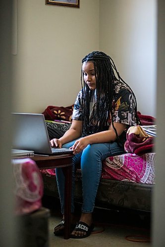 MIKAELA MACKENZIE / WINNIPEG FREE PRESS

Nyat Birhane, a grade 11 student at St. John's High School, poses for a portrait in her home in Winnipeg on Thursday, April 30, 2020. Nyat and her older sister do their schoolwork in the bedroom, where they also share a laptop. For Maggie Macintosh story.

Winnipeg Free Press 2020