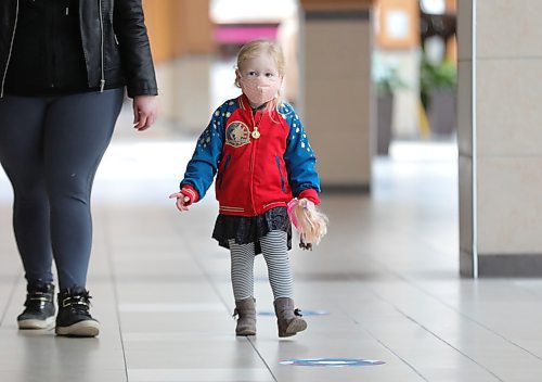 RUTH BONNEVILLE  /  WINNIPEG FREE PRESS 

Local - Hair salons open after COVID closures
 
Maribelle Schwartz (31/2yrs) walks with her mom while wearing a mask at Polo Park Mall on the first day of it's re-opening Monday. 

Eva Wasney 
Reporter, Winnipeg Free Press

May 4th,  2020
