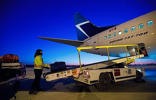 MIKE DEAL / WINNIPEG FREE PRESS
24-hr project - 4am
Airport baggage handling crews load up for the 5:49am WestJet WS520 flight to Toronto.
See Melissa Martin story
200506 - Wednesday, May 06, 2020.