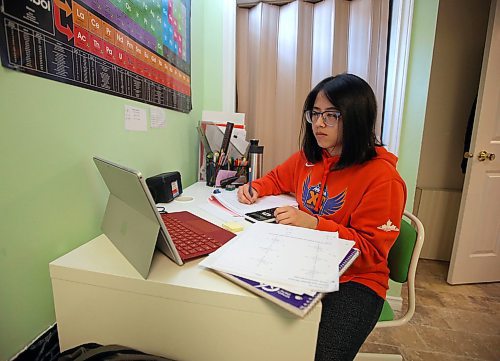 JASON HALSTEAD / WINNIPEG FREE PRESS

Maples Collegiate student Angela Arevalo works at home via a video-conferencing app with her Grade 12 pre-calculus math teacher Dariusz Piatek. Arevalo is preparing to study science at the University of Manitoba in the fall. While she's getting the hang of online schooling, she misses in-person instruction and the ability to ask questions easily. (See Maggie Macintosh COVID-19 24-hour story)