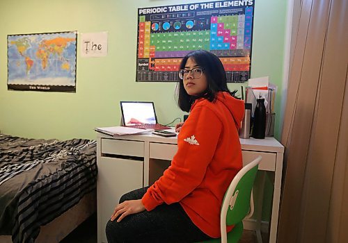 JASON HALSTEAD / WINNIPEG FREE PRESS

Maples Collegiate student Angela Arevalo works at home via a video-conferencing app with her Grade 12 pre-calculus math teacher Dariusz Piatek. Arevalo is preparing to study science at the University of Manitoba in the fall. While she's getting the hang of online schooling, she misses in-person instruction and the ability to ask questions easily. (See Maggie Macintosh COVID-19 24-hour story)