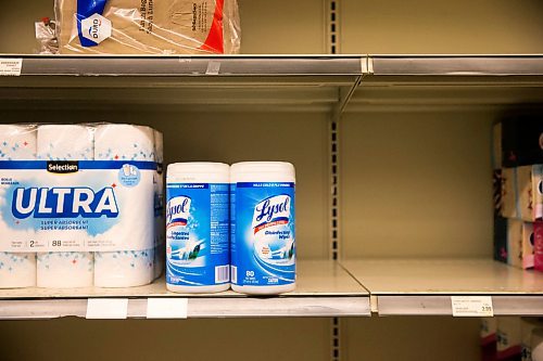 MIKAELA MACKENZIE / WINNIPEG FREE PRESS

A few Lysol wipes on a shelf at Food Fare on Lilac Street in Winnipeg on Wednesday, May 6, 2020. For Erin story.

Winnipeg Free Press 2020