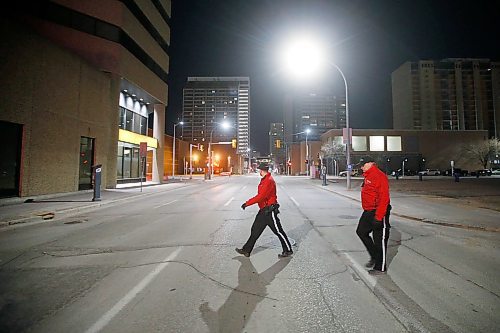 JOHN WOODS / WINNIPEG FREE PRESS
Joel Hildebrand, Downtown Watch Ambassador, left, and Perry Squires, Downtown Watch Ambassador supervisor walk the streets of downtown Winnipeg Wednesday, May 6, 2020. 

Reporter: Allen/Part of 24 hr life during COVID-19 project