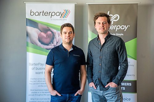 MIKAELA MACKENZIE / WINNIPEG FREE PRESS
Mike Rosenby (left) and Chad Rempel, partners in the Manitoba franchise of national barter network called BarterPay, pose for a portrait in Winnipeg on Friday, May 8, 2020. For Marty Cash story.
Winnipeg Free Press 2020