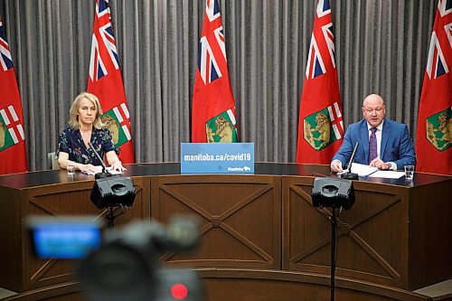 MIKE DEAL / WINNIPEG FREE PRESS
Dr. Brent Roussin, chief provincial public health officer, and Lanette Siragusa, provincial lead, health system integration, quality and chief nursing officer for Shared Health, speak during the provinces latest COVID-19 update Monday afternoon in the Manitoba Legislative building. 
200511 - Monday, May 11, 2020.