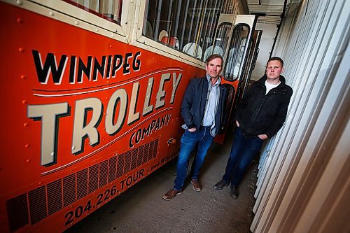 JOHN WOODS / WINNIPEG FREE PRESS
Steven Stothers, left, and Ben Gillies, co-owners of The Winnipeg Trolley Company are photographed with their mothballed tour bus in Winnipeg Monday, May 11, 2020. The Winnipeg Trolley will not be running this summer. COVID-19 distancing requirements mean they cant carry enough passengers to be profitable.

Reporter: Wasney