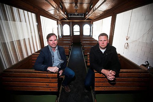 JOHN WOODS / WINNIPEG FREE PRESS
Steven Stothers, left, and Ben Gillies, co-owners of The Winnipeg Trolley Company are photographed in their mothballed tour bus in Winnipeg Monday, May 11, 2020. The Winnipeg Trolley will not be running this summer. COVID-19 distancing requirements mean they cant carry enough passengers to be profitable.

Reporter: Wasney