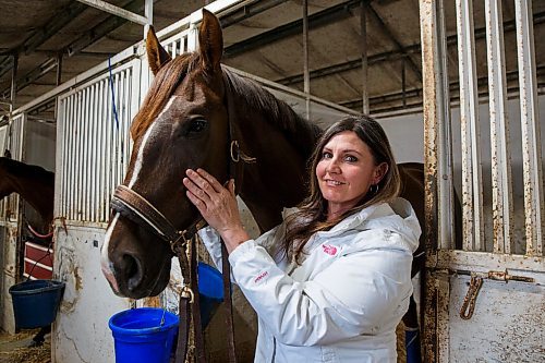 MIKE DEAL / WINNIPEG FREE PRESS
Trainer Shelley Brown with 3-year-old Cash or Card at the Assiniboia Downs Thursday morning.
200514 - Thursday, May 14, 2020.