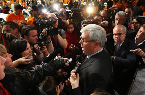 Brandon Sun Premier-designate Greg Selinger was scrummed by reporters following the Manitoba NDP leadership convention at the Winnipeg Convention Centre on Saturday afternoon. (Bruce Bumstead/Brandon Sun)