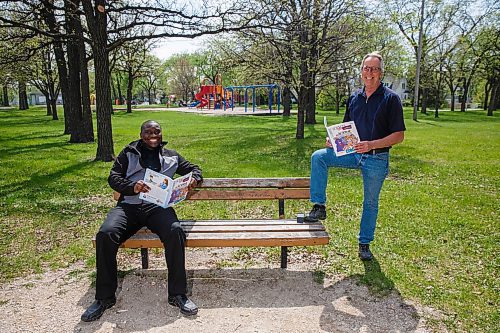 MIKE DEAL / WINNIPEG FREE PRESS
Tadens Mpwene (left) and David MacNair (right) with the La Liberte's kids science magazine in Provencher Park Friday afternoon. Nine people worked on the zine for a period of four weeks after Sophie Gaulin, head of La Liberte found there was a lack of kid-friendly resources regarding COVID-19.  David and Tadens both helped design the magazine.
See Nadya Pankiw story
200522 - Friday, May 22, 2020.