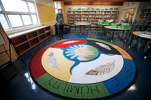 JOHN WOODS / WINNIPEG FREE PRESS
Kevin Chief, former educator/advocate and politician, spends time at a teachings rug in Strathcona School, his childhood school, in his old North End stomping grounds Tuesday, May 26, 2020. Chief is opening up about his past.

Reporter: May