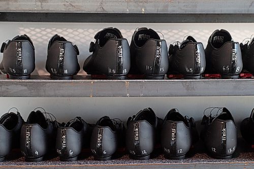 Mike Sudoma / Winnipeg Free Press
Clip in cycling shoes are available at the front for anyone participating in a spin class at Ignite Cycle and Strength. 
May 27, 2020