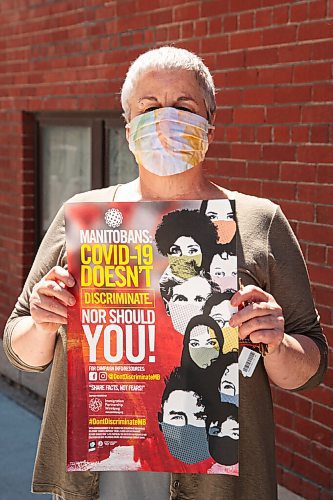 Mike Sudoma / Winnipeg Free Press
Social planning Council Executive Director, Kate Kehler, holds up a CoVid 19 poster while wearing a mask Wednesday afternoon
May 27, 2020