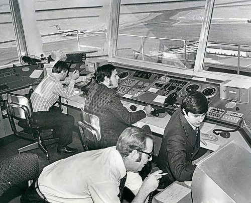 JACK ABLETT / WINNIPEG FREE PRESS

After 11 days off work due to a strike, air traffic controllers at Winnipeg International Airport were back on the job Friday, and Canada's airlines were again operating. From left-right are Bill Sersum, Bob Smith, Darryl Pernisie and Don Deally.
January 28, 1972