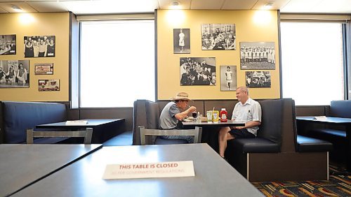 RUTH BONNEVILLE / WINNIPEG FREE PRESS

Local - Sals Restaurant 

Salisbury House customers Ken Veness (right) and Mario Catacutan finish up their lunch on Monday on the first day of re-opening since closing in March due to COVID. 

June 1, 2020