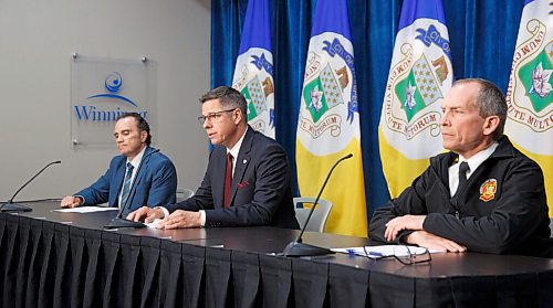 MIKE DEAL / WINNIPEG FREE PRESS
(from left) Chief Danny Smyth, Winnipeg Police Service, Mayor Brian Bowman, Chief John Lane, Winnipeg Fire and Paramedic Service provide their reaction to the events in Minneapolis, across the US and in Canada during a media conference at City Hall Tuesday afternoon.
200602 - Tuesday, June 02, 2020.