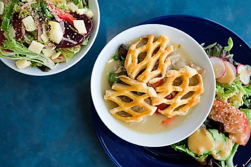 Daniel Crump / Winnipeg Free Press. Beet salad (left) and chicken pot pie (right) are popular menu options at Dug + Bettys restaurant. June 2, 2020.