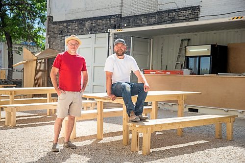 MIKAELA MACKENZIE / WINNIPEG FREE PRESS

John Scoles (left) and Brad Chute, Beer Can organizers, pose for a portrait in the new live music venue and pop-up beer tent area in Winnipeg on Wednesday, June 3, 2020. For Al Small story.
Winnipeg Free Press 2020.
