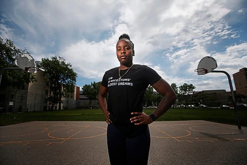 JOHN WOODS / WINNIPEG FREE PRESS
Kyanna Giles, University of Winnipeg Wesmen basketball player, is photographed on the court   at Sr McNamara School, her elementary school, in Winnipeg Wednesday, June 3, 2020. Giles has ties with BLM and will be attending the rally at the Manitoba Legislature on Friday.

Reporter: Allen