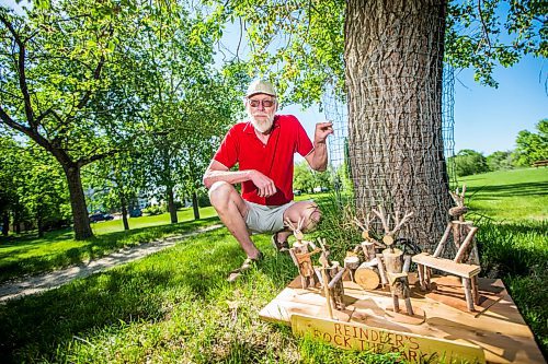 MIKAELA MACKENZIE / WINNIPEG FREE PRESS

Paul Leullier, artist and woodworker, with his whimsical reindeer sculptures at Grants Old Mill park in Winnipeg on Wednesday, June 3, 2020. Leullier created these sculptures and installed them in the greenspace during the pandemic as a way to cheer people up. For Brenda Suderman story.
Winnipeg Free Press 2020.