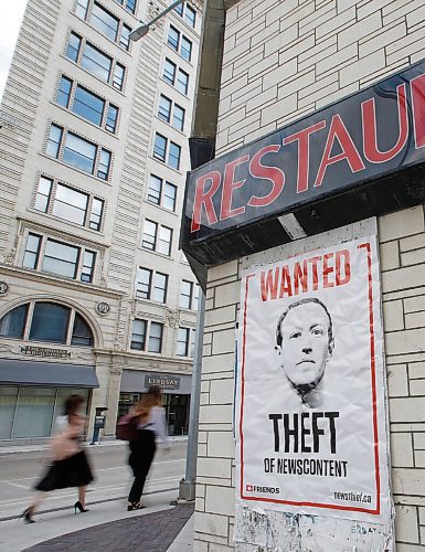JOHN WOODS / WINNIPEG FREE PRESS
A poster with the face of Facebook owner Mark Zuckerberg on it has been posted on the St Charles Hotel in Winnipeg Wednesday, June 3, 2020. 

Reporter: ?