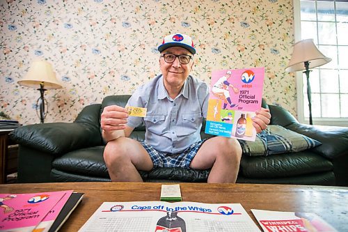 MIKAELA MACKENZIE / WINNIPEG FREE PRESS

Jeff Solylo, Winnipeg Whips fan, poses for a portrait with some of the team paraphernalia that he's kept from when he was a kid in Winnipeg on Tuesday, June 16, 2020. For Jason Bell story.
Winnipeg Free Press 2020.