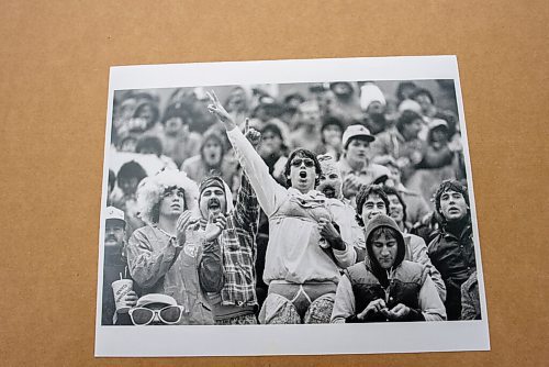 JESSE BOILY  / WINNIPEG FREE PRESS
 Dave Woody Heywood shows one of his photos of the Gotch Men on Thursday. Heywood is the last Gotch Man, a group of Bombers fans that would famously ware gotch underwear to games.  Thursday, June 18, 2020.
Reporter: Doug Speirs