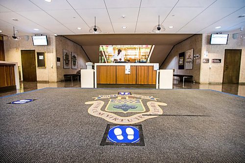 MIKAELA MACKENZIE / WINNIPEG FREE PRESS

Floor decals on the first day of re-opening to the public at City Hall in Winnipeg on Monday, June 22, 2020.  For Joyanne story.
Winnipeg Free Press 2020.