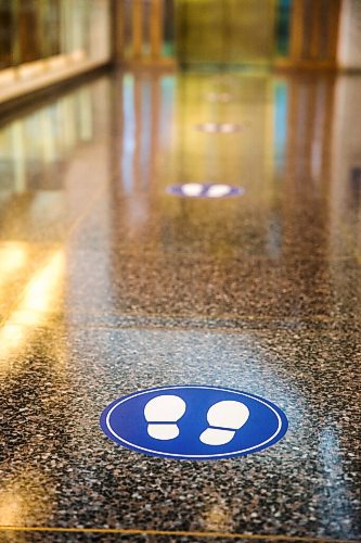 MIKAELA MACKENZIE / WINNIPEG FREE PRESS

Floor decals on the first day of re-opening to the public at City Hall in Winnipeg on Monday, June 22, 2020.  For Joyanne story.
Winnipeg Free Press 2020.