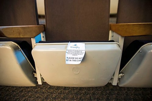 MIKAELA MACKENZIE / WINNIPEG FREE PRESS

Seats are marked off to maintain social distancing on the first day of re-opening to the public at City Hall in Winnipeg on Monday, June 22, 2020.  For Joyanne story.
Winnipeg Free Press 2020.