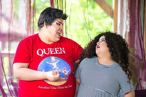 MIKAELA MACKENZIE / WINNIPEG FREE PRESS

Guncle Smokey Trixx Starr (left) and Olivia Limeheart pose for portraits on their porch in Winnipeg on Thursday, June 25, 2020. The two are stars of Synonym Art Consultation's drag safe grad video. For Eva Wasney story. 
Winnipeg Free Press 2020.