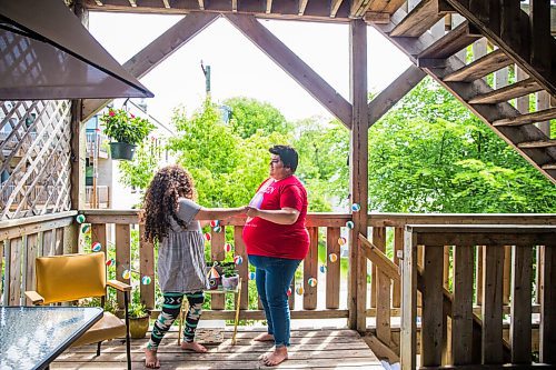 MIKAELA MACKENZIE / WINNIPEG FREE PRESS

Olivia Limeheart (left) and Guncle Smokey Trixx Starr pose for portraits on their porch in Winnipeg on Thursday, June 25, 2020. The two are stars of Synonym Art Consultation's drag safe grad video. For Eva Wasney story. 
Winnipeg Free Press 2020.