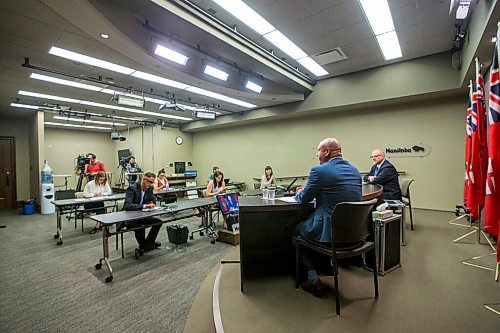 MIKAELA MACKENZIE / WINNIPEG FREE PRESS

Chief provincial public health officer Brent Roussin (left) and education minister Kelvin Goertzen speak to the media at the Manitoba Legislative Building in Winnipeg on Thursday, June 25, 2020. For Maggie story. 
Winnipeg Free Press 2020.