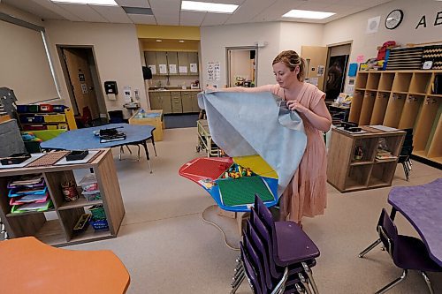 SHANNON VANRAES / WINNIPEG FREE PRESS
Kindergarten teacher, Kristy Frohwerk, prepares her classroom at Lord Nelson School for the eventual return of students by covering up a LEGO table on June 25, 2020.