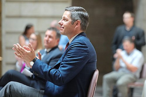 RUTH BONNEVILLE / WINNIPEG FREE PRESS
Local - Leg presser, Justice Minister Cliff Cullen
Photo of Mayor Brian Bowman at presser Friday.
Justice Minister Cliff Cullen holds a news conference announcing major funding into downtown Winnipeg safety investments on the Grand Staircase of the Legislative Building on Friday.
Politicians, city officials and company leaders were present for the announcement including: Wpg. Mayor - Brian Bowman, Downtown Biz CEO - Kate Fenske, Mark Chipman, Kevin Chief, Greg Burnett and many others.
See Larry Kusch story.
.June 26, 2020