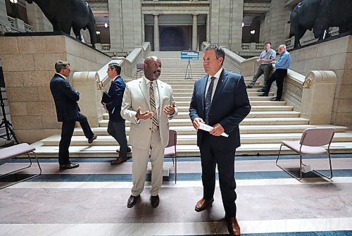 RUTH BONNEVILLE / WINNIPEG FREE PRESS
 
Local - Leg presser, Justice Minister Cliff Cullen

Photo of deputy mayor, Markus Chambers, talking with Justice Minister, Cliff Cullen after presser Friday.

Justice Minister Cliff Cullen holds a news conference announcing major funding into downtown Winnipeg safety investments on the Grand Staircase of the Legislative Building on Friday.

Politicians, city officials and company leaders were present for the announcement including: Wpg. Mayor - Brian Bowman, Downtown Biz CEO - Kate Fenske, Mark Chipman, Kevin Chief, Greg Burnett and many others.

See Larry Kusch story. 



.June 26,  2020