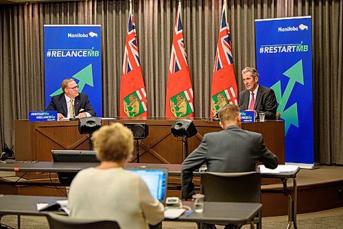 JESSE BOILY  / WINNIPEG FREE PRESS
Premier Brian Pallister and finance minister Scott Fielding speak at a press conference at the Manitoba legislature building on Tuesday.  Tuesday, June 30, 2020.
Reporter: