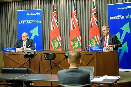 JESSE BOILY  / WINNIPEG FREE PRESS
Premier Brian Pallister and finance minister Scott Fielding speak at a press conference at the Manitoba legislature building on Tuesday.  Tuesday, June 30, 2020.
Reporter: