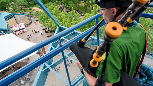 JESSE BOILY  / WINNIPEG FREE PRESS
Emil Flach, 15, played the bag pipes to people at the Forks on Wednesday. The pop up show was put on by The St. Andrew's Society of Winnipeg as part of their Pop-up Piper program. Wednesday, July 1, 2020.
Reporter: