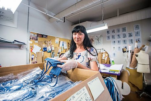 MIKAELA MACKENZIE / WINNIPEG FREE PRESS

Alena Zharska, head of wardrobe, poses with some of the masks ready to be delivered on Monday, July 6, 2020. The RWB wardrobe department has been working for nearly two months, putting their skills to use creating high-quality face masks to give to The Winnipeg Boldness Project.
Winnipeg Free Press 2020.