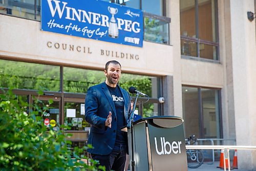 MIKE DEAL / WINNIPEG FREE PRESS
Michael van Hemman, Head of City Operations for Uber in Canada speaks during the announcement at City Hall that the ride sharing service is open for business in Winnipeg as of today. 
200707 - Tuesday, July 07, 2020.