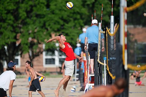 JOHN WOODS / WINNIPEG FREE PRESS
Former Manitoba Bison Dustin Spiring (red) and his teammate Zack Jansen (white) play beach volleyball on opening day of the adult league at Cindy Klassen Rec Centre in Winnipeg, Tuesday, July 7, 2020.

Reporter: Allen