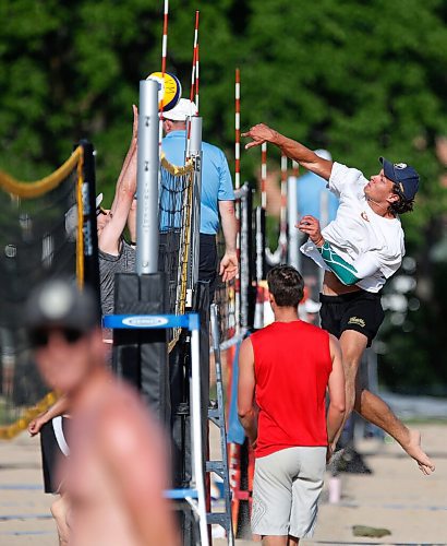 JOHN WOODS / WINNIPEG FREE PRESS
Former Manitoba Bison Dustin Spiring (red) and his teammate Zack Jansen (white) play beach volleyball on opening day of the adult league at Cindy Klassen Rec Centre in Winnipeg, Tuesday, July 7, 2020.

Reporter: Allen