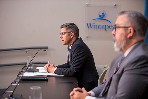 MIKAELA MACKENZIE / WINNIPEG FREE PRESS

Mayor Brian Bowman (left) and chief corporate services officer Michael Jack provide an update on the impact fee at City Hall in Winnipeg on Thursday, July 9, 2020. For Joyanne story.
Winnipeg Free Press 2020.