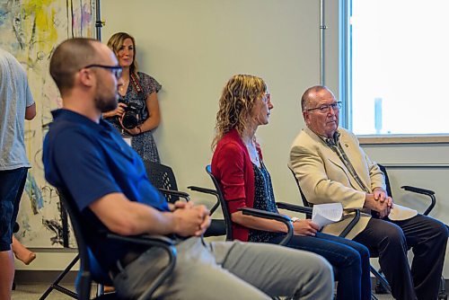 JESSE BOILY  / WINNIPEG FREE PRESS
Minister Ralph Eichler, right, Wendy Dyck, and Daniel Santos wait to speak at the launch of a new c0-working space on Tuesday. Tuesday, July 14, 2020.
Reporter: Abas