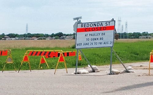 Canstar Community News A key access point to eastern Transcona will be closed until late August. Redonda Street between Paulley Drive and Gunn Road is closed to all traffic for road reconstruction until August 24. Motorists should use alternate routes off Dugald Road to access the area.