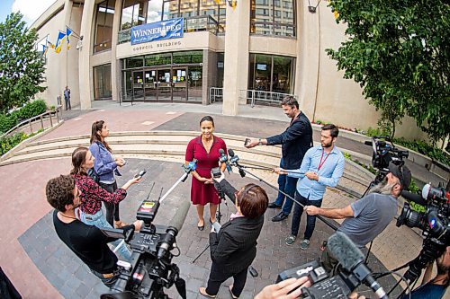 Mike Sudoma / Winnipeg Free Press
City Councillor for Point Douglas, Vivian Santos, answers media questions about her resignation from the Winnipeg Police Board outside City Hall Tuesday afternoon
July 14, 2020