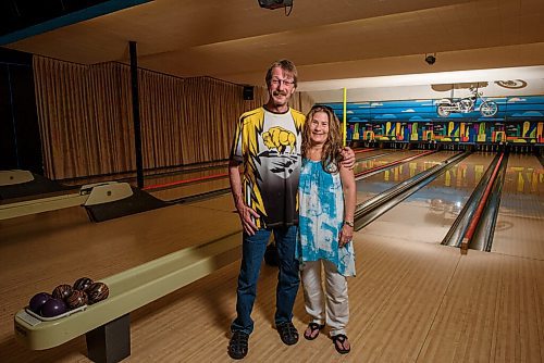 JESSE BOILY  / WINNIPEG FREE PRESS
Melissa and Rob Gauthier stop for a portrait at Roxy Lanes bowling alley on Wednesday. The couple has owned the bowling alley for 11 years. The building being over 90 years old has become a museum of days past in the building that once was a theatre. The basement is full of artifacts from the past. Wednesday, July 15, 2020.
Reporter: Dave Sanderson